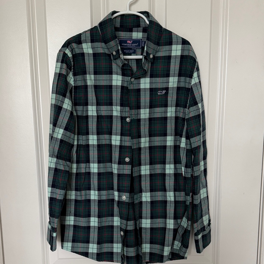 Boy 8-10 Vineyard Vines Plaid Shirt - Green and Black